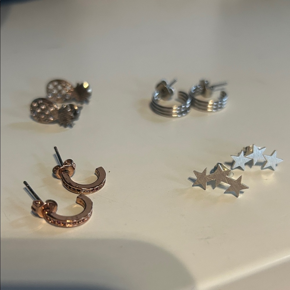 BUNDLE of four pairs of studs and small hoop earrings!!! Stars, pineapples!